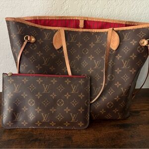 Louis Vuitton Never full MM Dark Brown Monogram Tote with Red Interior